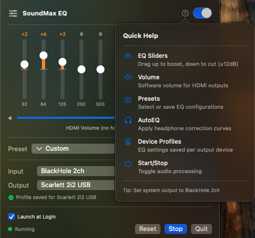 SoundMax quick help popover